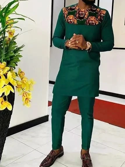 

Men's casual green print long sleeve two-piece set