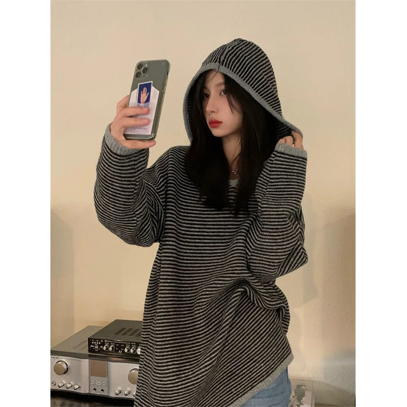 MEXZT Striped Hooded Sweater Women Streetwear Oversized Knitted Pullovers Y2K Harajuku Knitwear Vintage Korean Casual Jumpers