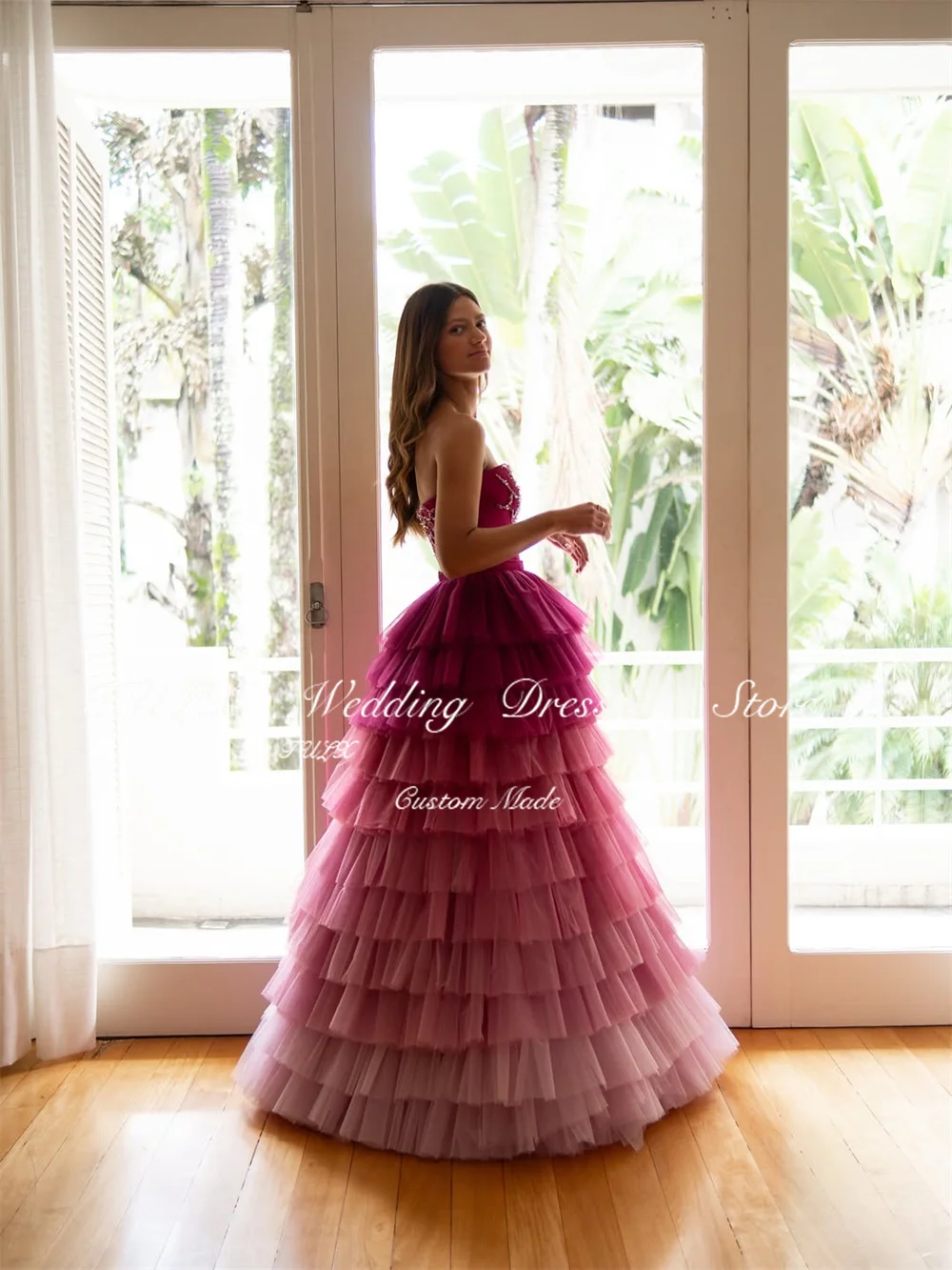 TULX luxe Tulle dégradé violet robes de bal sans bretelles perles robes de soirée une ligne longue à plusieurs niveaux robe de soirée formelle personnalisée