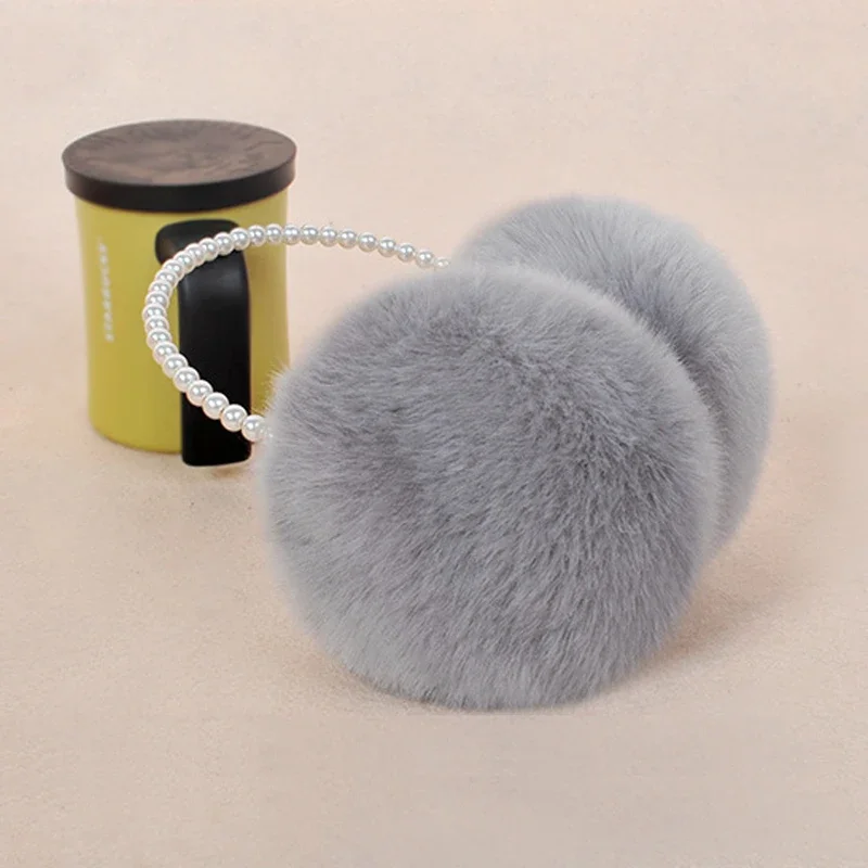 Novelty Earmuff bulu wanita, aksesori rambut telinga penutup telinga hangat bulu kelinci imitasi mewah musim dingin mutiara