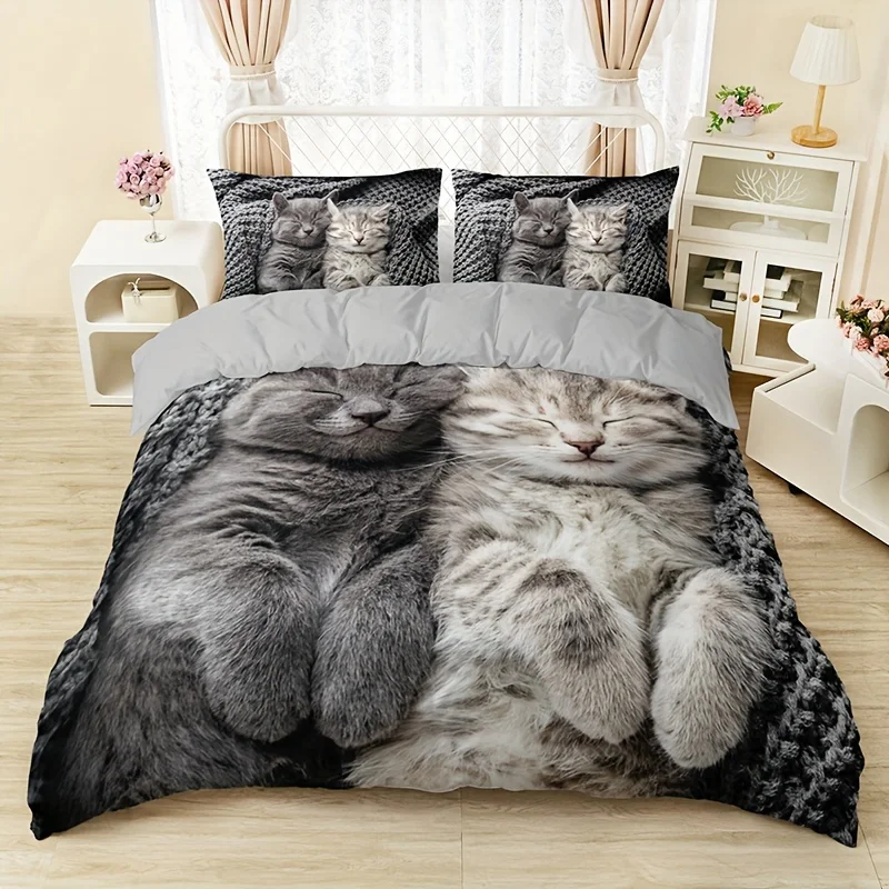 

Two Cute Cat Print Duvet Cover Set - Soft Breathable Polyester Bedding for All Seasons Includes 1 Duvet Cover 2 Pillowcases