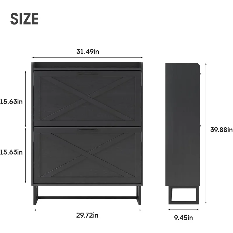 Shoe Storage Cabinet with 2 Flip Drawers, Freestanding Organizer with Metal Legs for Entryway, Narrow Shoe Rack Cabinet, Black