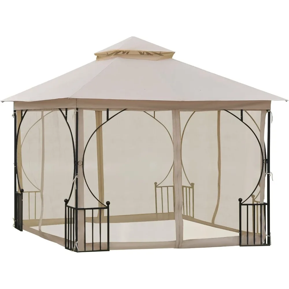 

10' x 10' Patio Gazebo, Double Roof Outdoor Gazebo Canopy Shelter with Netting, Steel Corner Frame for Garden, Lawn, Backyard a