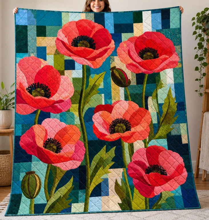 Poppy Quilt Blanket, Floral Throw, Botanical Bedding Cottagecore Farmhouse Decor, Cozy Gift for Her Mom, Grandma Gift