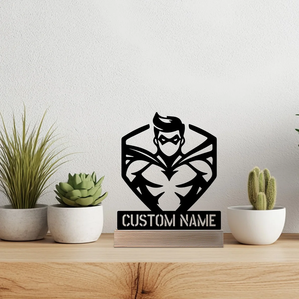 1pc Abstract robot Customized Name Metal Statue With Wood Base Iron Ornament Tin Sculpture Art Crafts With Wood Base