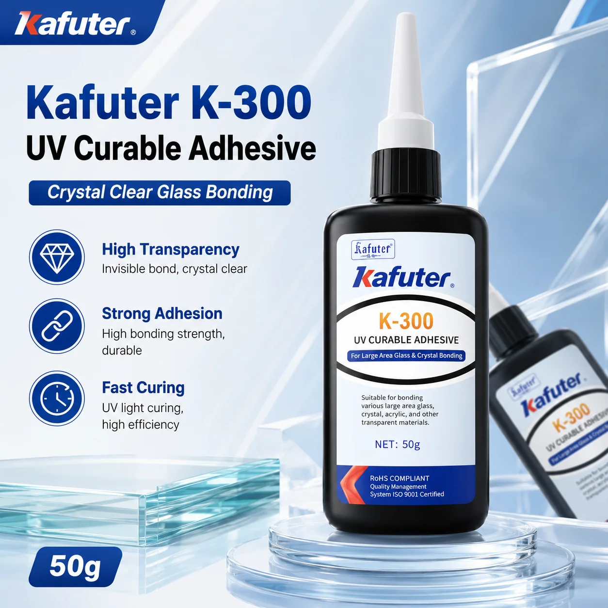Kafuter K-300 K-302 K-303 K-306 UV Curable Adhesive Clear Glass Bonding Glue for Glass Acrylic Crystal DIY Repair 50g