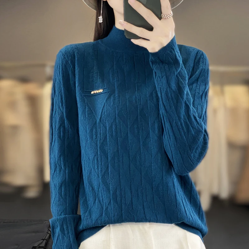 2023 Fall Winter New Sweater Women's Half High Neck Long Sleeve Pullover Solid Color Premium Hot Diamond Loose Knit Bottom Shirt