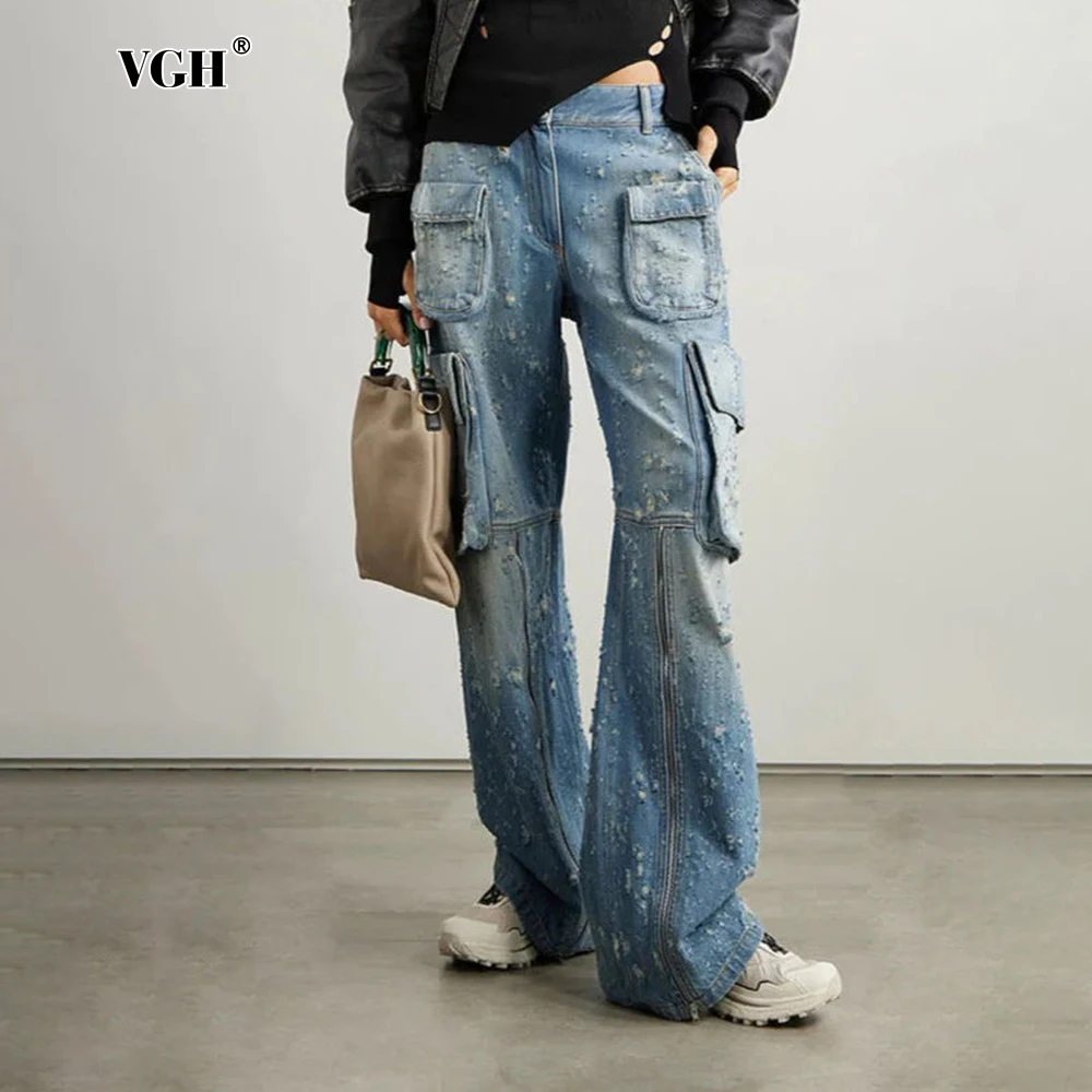 

VGH Casual Patchwork Pockets Solid Jeans For Women High Waist Spliced Zipper Minimalist Loose Wide Leg Pants Female Fashion New