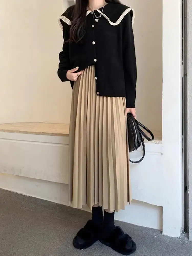 2023 Women Elegant Pleated Skirt High Waist Women Mid-long Skirt Female Ladies High Quality Women Midi Skirt Black Saia