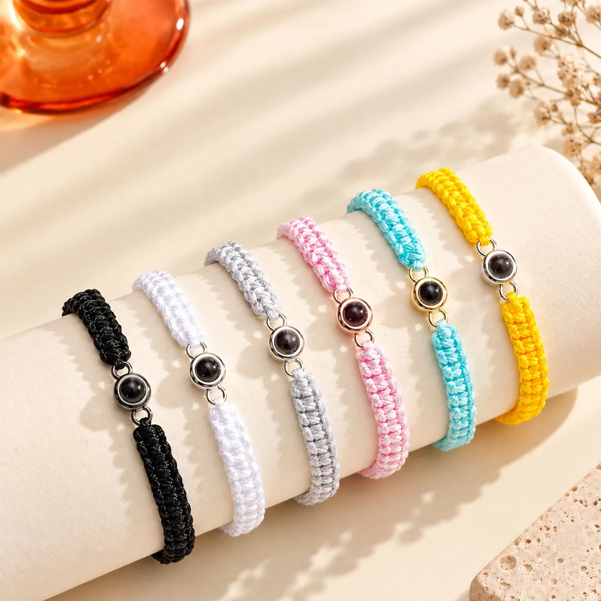 Personalized Bracelet With Picture inside Woven Rope Projection Bracelet Stainless Steel Bead Memorial Anniversary Jewelry Gift