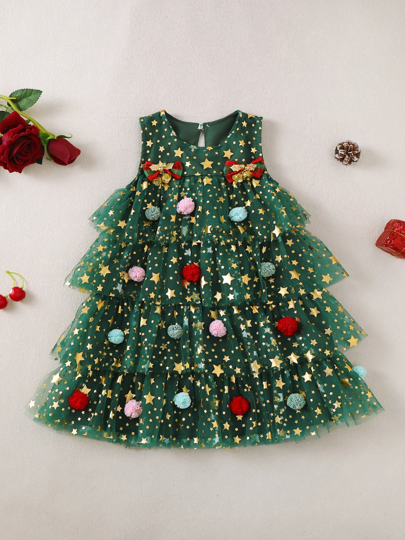 Christmas Star Pattern Sleeveless Tulle Dress for Baby Girls Toddler Girls' Clothing Festive Outfit for Children