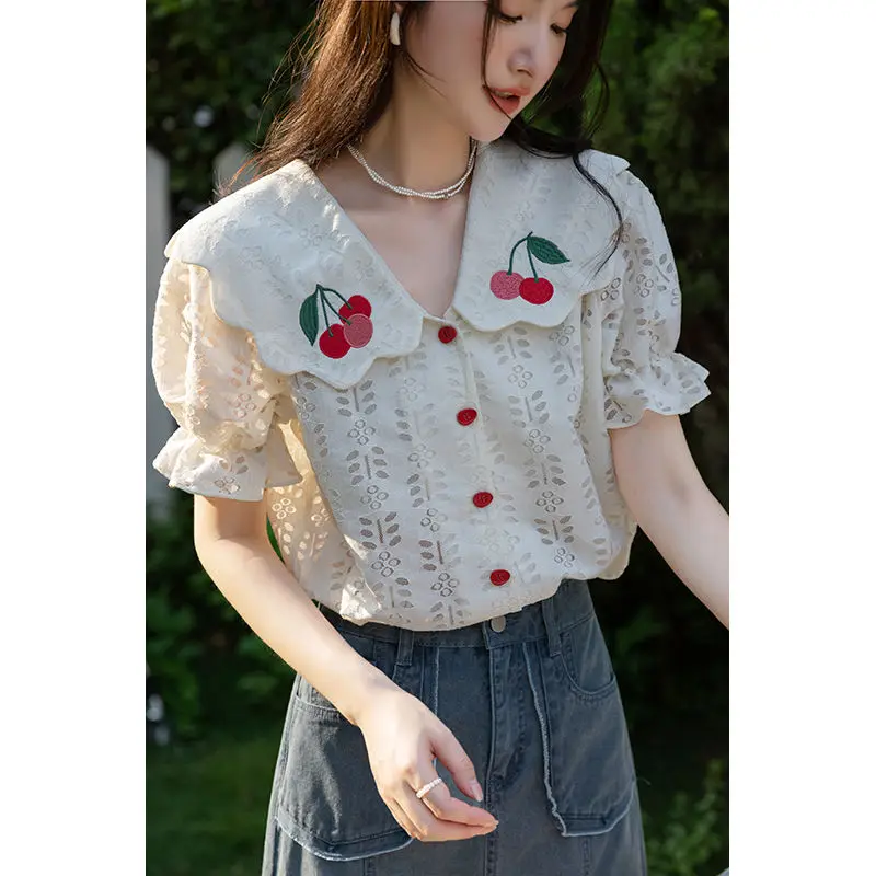

Women Summer Korean Fashion Embroidered Lace Peter Pan Collar Short Sleeve Shirts Ladies Simplicity Casual All-match Sweet Tops