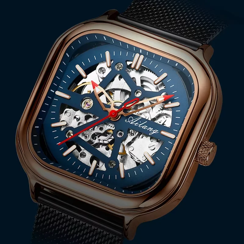 Square Case AILANG Brand Skeleton Mechanical Watch 3 Types Strap Leather Mesh Silicone Waterproof Hollow Automatic Watches