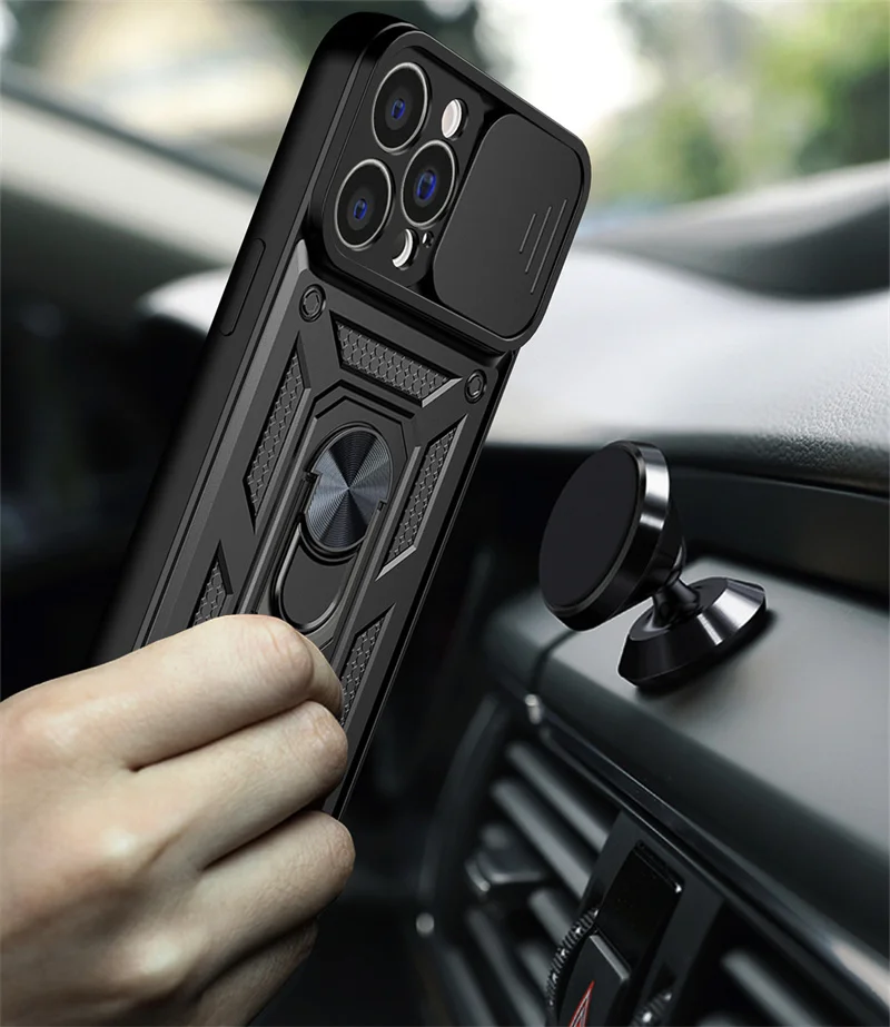 Slide Camera Armor Case For iPhone 13 12 Mini 11 Pro Max XR X XS 6 6s 7 8 Plus SE 2020 Magnetic Car Holder Ring Stand Back Cover