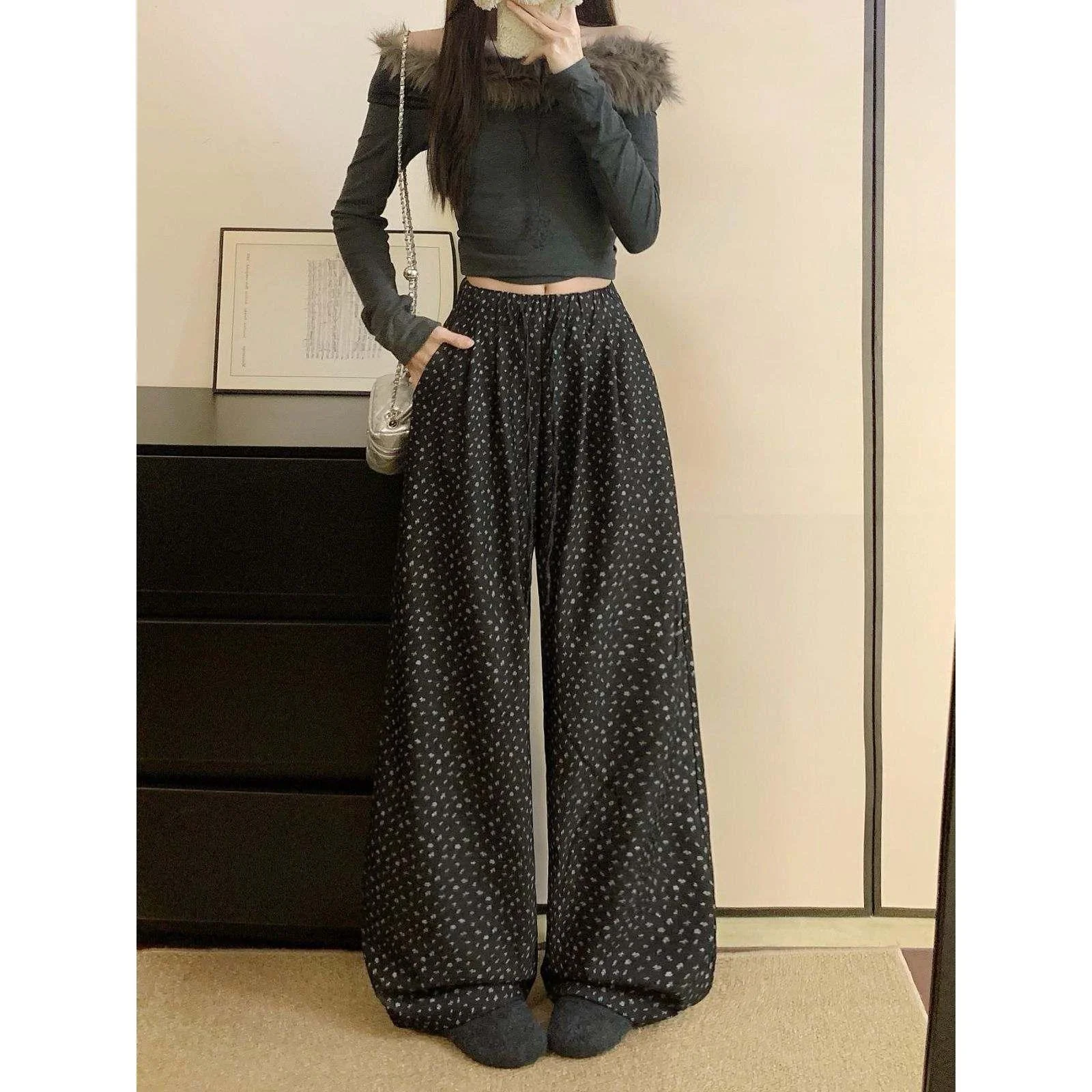 Trendy Elastische Taille Dstring Blumen Druck Lose Breite Bein Hause Gerade Casual Hosen Frauen Frühling Herbst Hohe Taille Polyest...