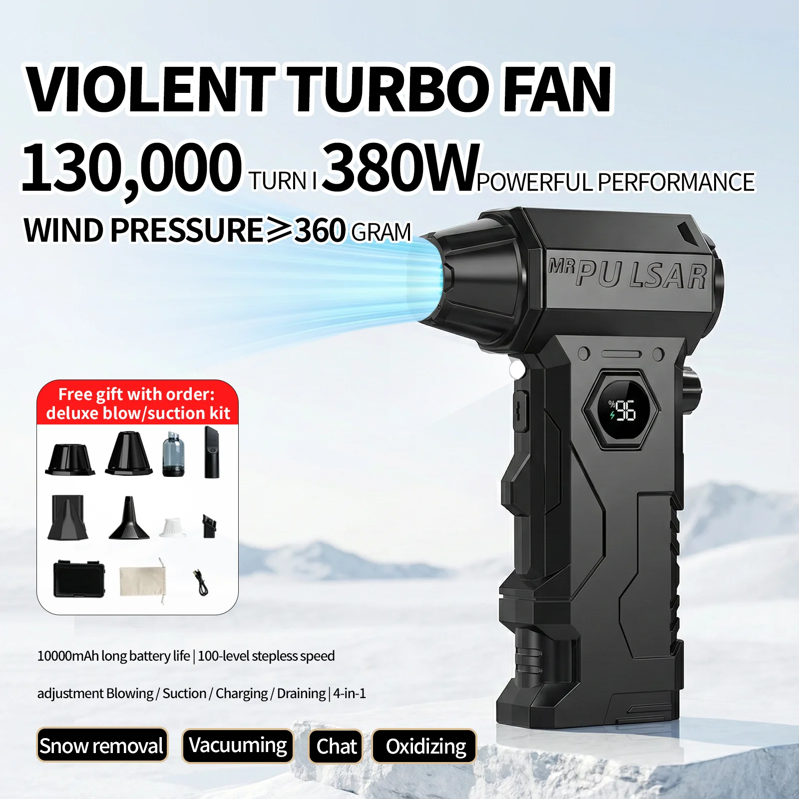 

130000RPM Air Blower Turbo Fan Jet Vacuum Dust Cleaner Type-C Charging 65m/s High-Speed Adjustable Wind Speed Turbo Violent Fan