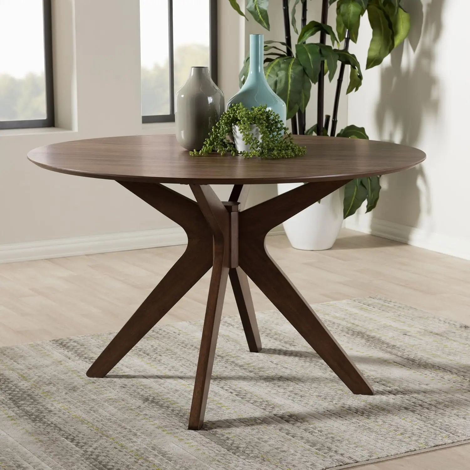 Monte Mid-Century Modern Walnut Wood 47-Inch Round Dining Table, 