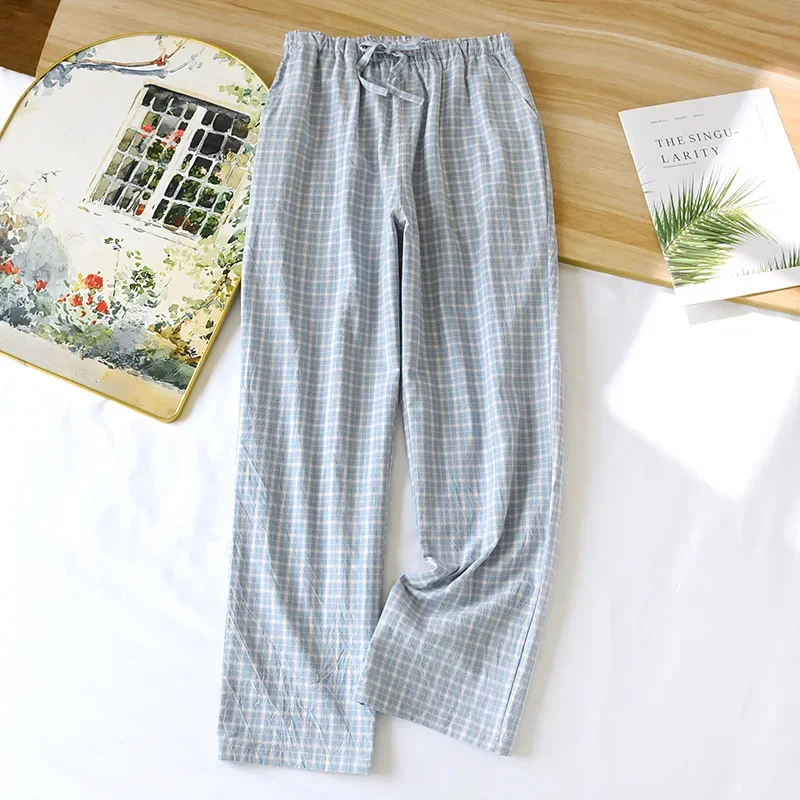 2024 Spring/Summer New Couple Sleeper Pants 100% Cotton Gauze Couple Pants Thin Simple Checkered Home Pants Cute Bottoms