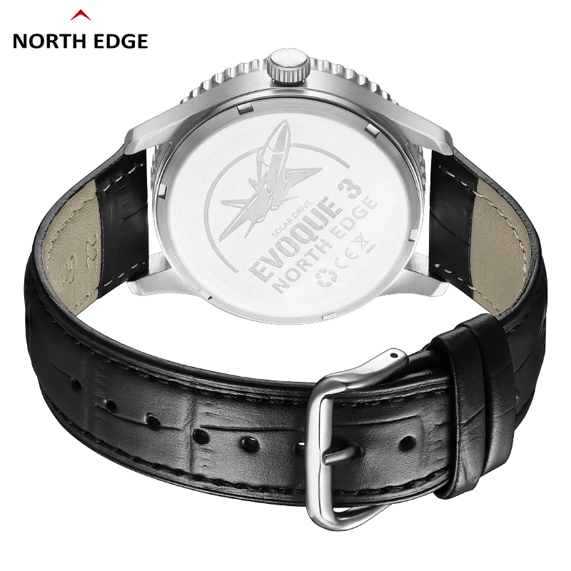 NORTH EDGE EVOQUE3 Solar Drive Watches For Men Pilot Series Leather Strap Luminous Stainless Steel Waterproof 50M Reloj Hombre