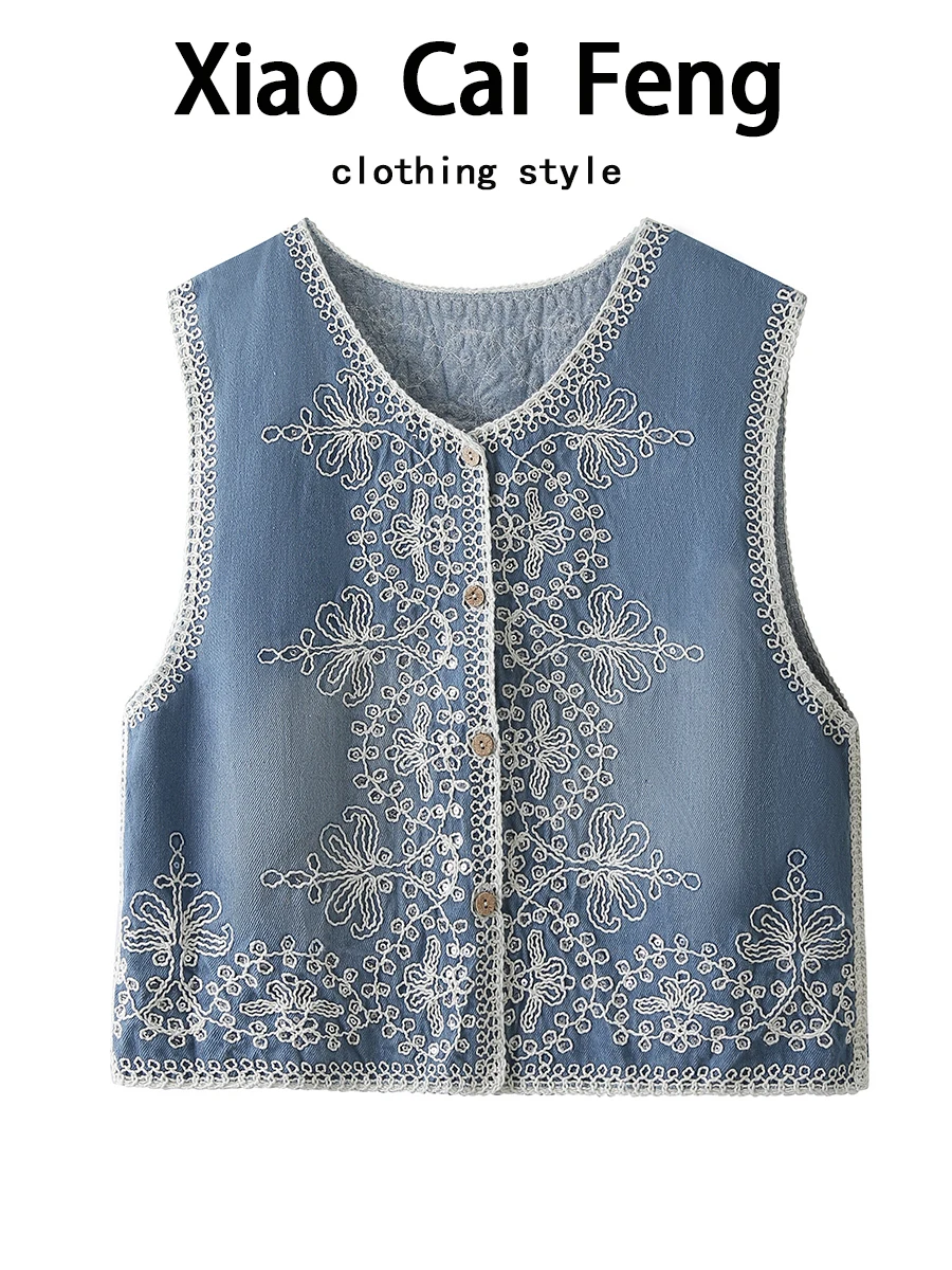 

Джинсовый жилет Sli с вышивкой для женщин, летняя тонкая верхняя одежда с скользящим верхом, модная хлопковая смесь, круглый Ne Single ...