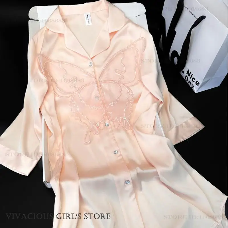 

Women's Nightgown Sexy Big Butterfly Lace Lingerie Sleepshirt Summer New Ice Silk Nightdress Loungewear Loose Homewear Pajama