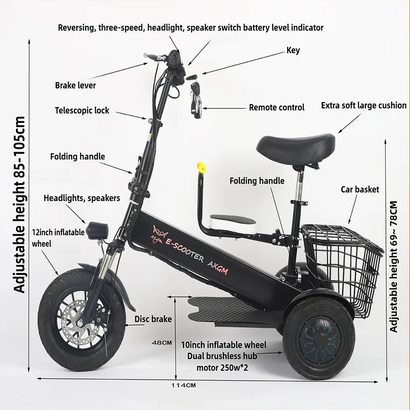 Portable Foldable Three Wheel Electric Scooter 250W*2 Dual Brushless Motor Lithium Battery IPX7 Waterproof E Scooter For Adults