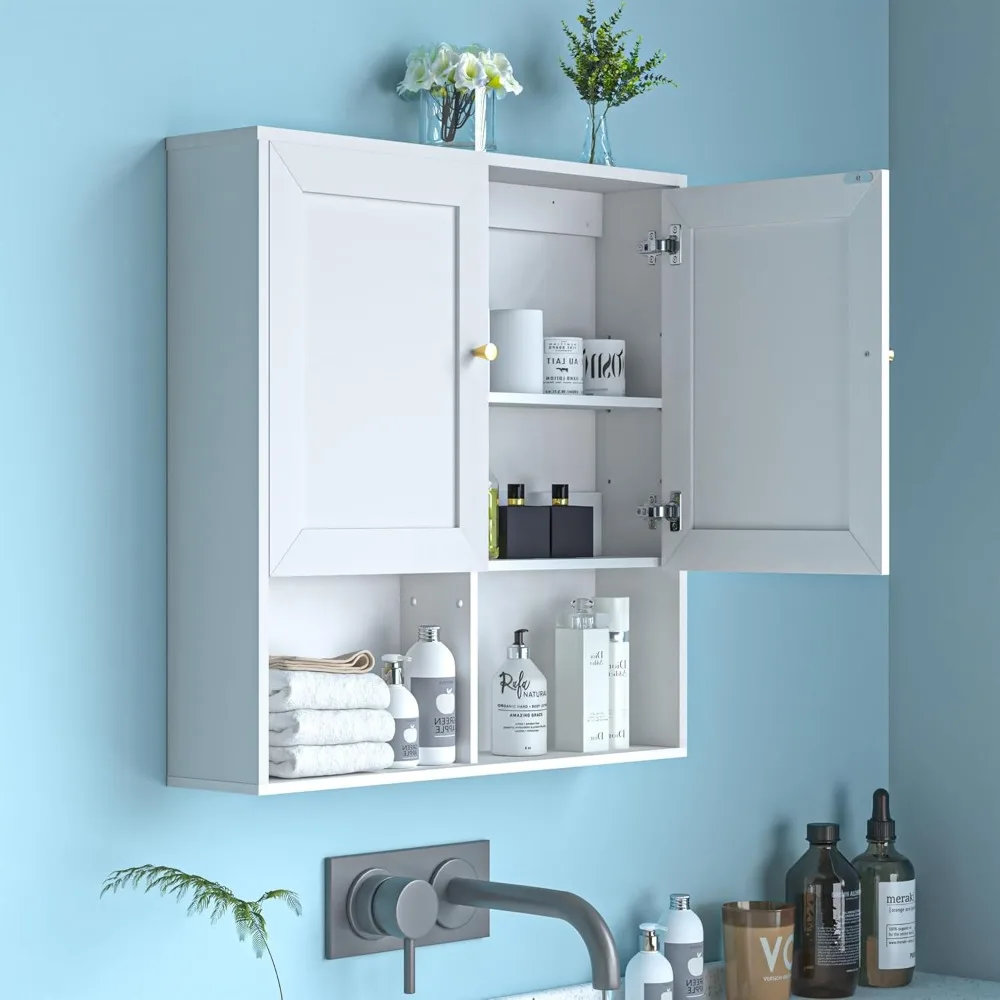 Bathroom Wall Cabinet, Medicine Cabinet with 2 Door and Adjustable Shelves,3-Tier Wood Hanging Storage Over The Toilet,White Wal