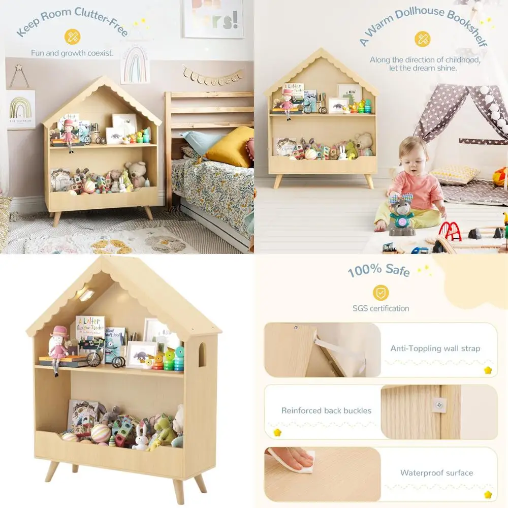 

Двухуровневый деревянный книжный шкаф с подсветкой, активируемой движением, органайзер для хранения игрушек и книг, натуральное дерево, идеально подходит для детских комнат