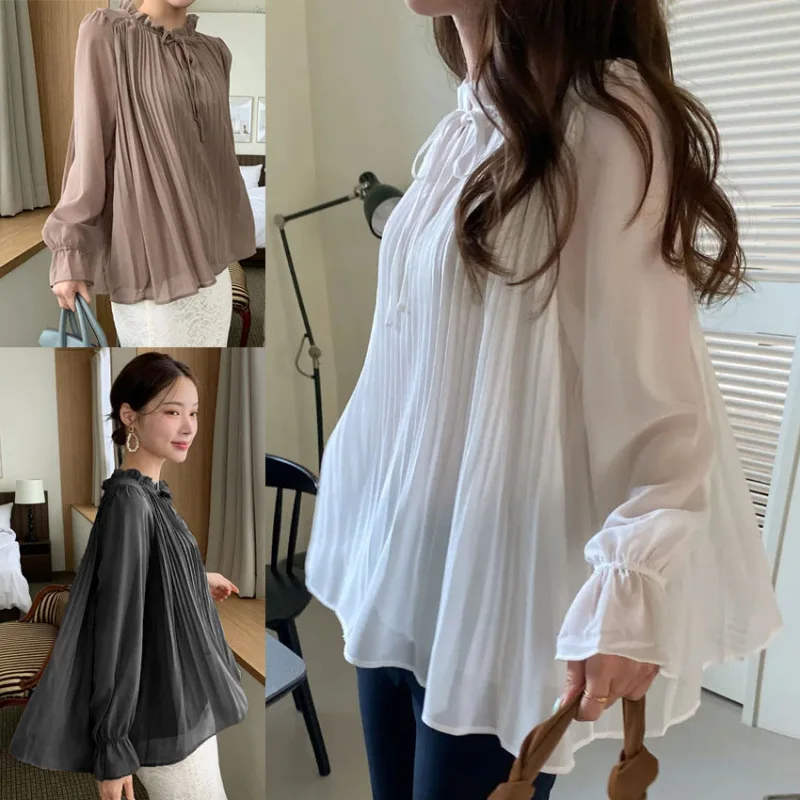

Autumn New Long Sleeved Pleated Versatile Solid Color Layered Women's Shirt Causal Top