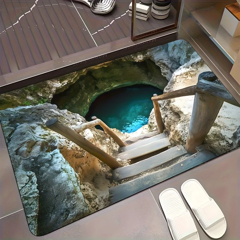 

3D Mystical Cave Design with Stairs and Blue Water, Durable Entryway Mat | Enchanting Cave Theme Entrance Pad, Cave Decor