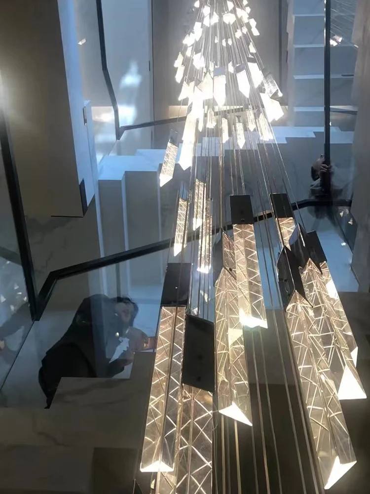 New Staircase Pendent Lamp Modern LED Art Crystal Pendant Light Double-Layer Attic Ceiling Lamp Villa Living Room Chandelier