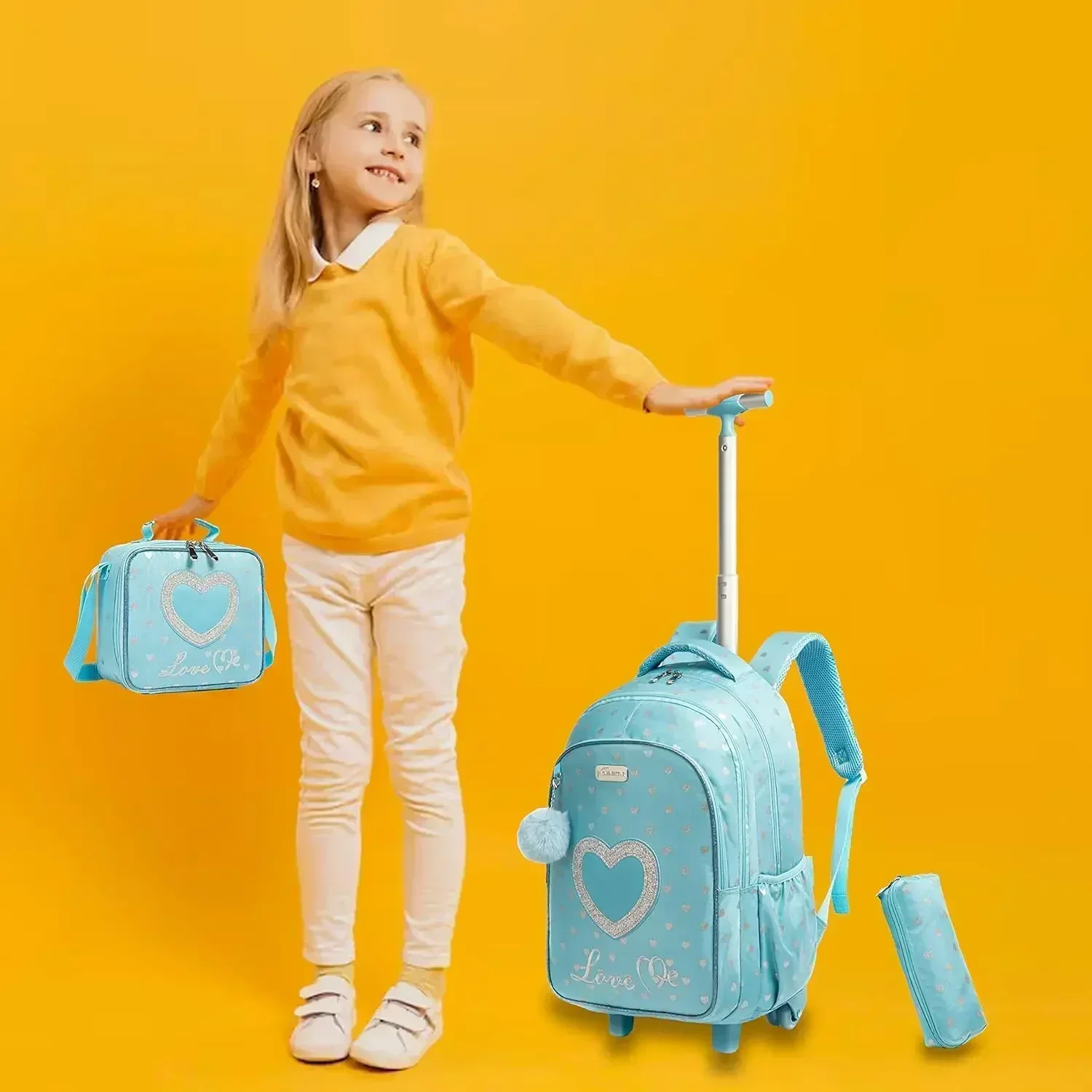 Set di borse zaino con ruote per bambini con scatola per il pranzo Borsa per zaino con ruote per la scuola con ruote Borsa per zaino trolley per ragazze