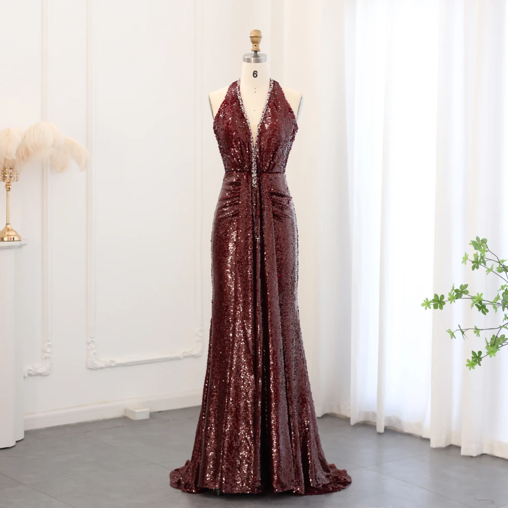 

Elegant Halter Burgundy Sequined Mermaid Evening Dresses for Women Wedding Party Long Arabic Formal Prom Gowns 2024