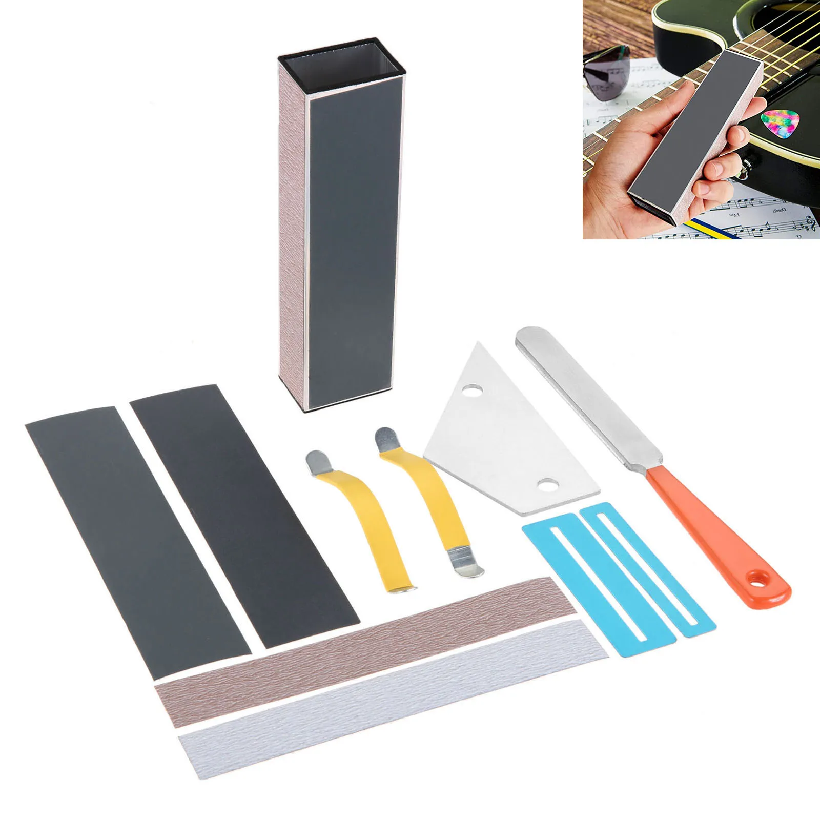 11Pcs Guitar Luthier Tools Fret File Fret Rocker Fingerboard Protectors Fret Sanding Leveler Beam String Spreaders and Sandpaper