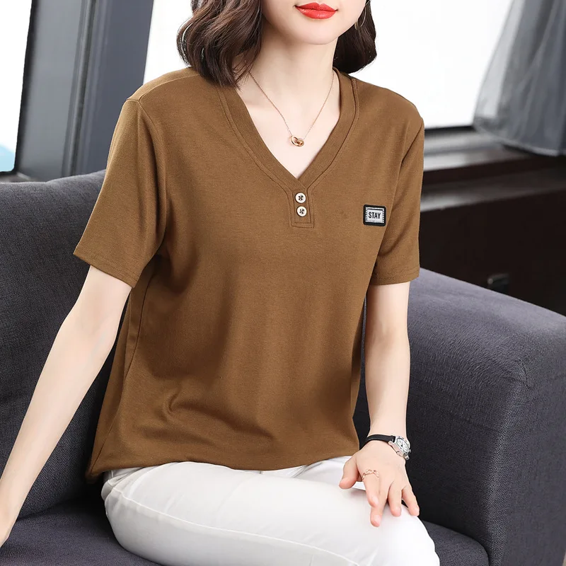 Summer New Women\'s Clothing Short Sleeve V-Neck Solid Button T-shirt Loose Home Slim Casual Versatile Elegant Bottom Tops