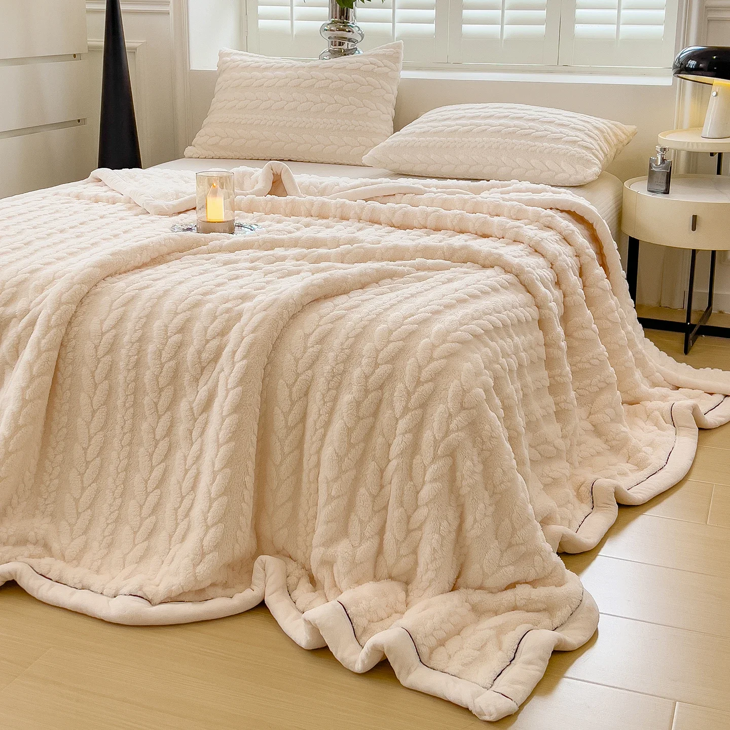 Wheat Ear Jacquard Sherpa Fleece Blanket Thick Warm Autumn Winter Bed Blanket Multipurpose Soft Plush Throw Blanket for Sofa Nap
