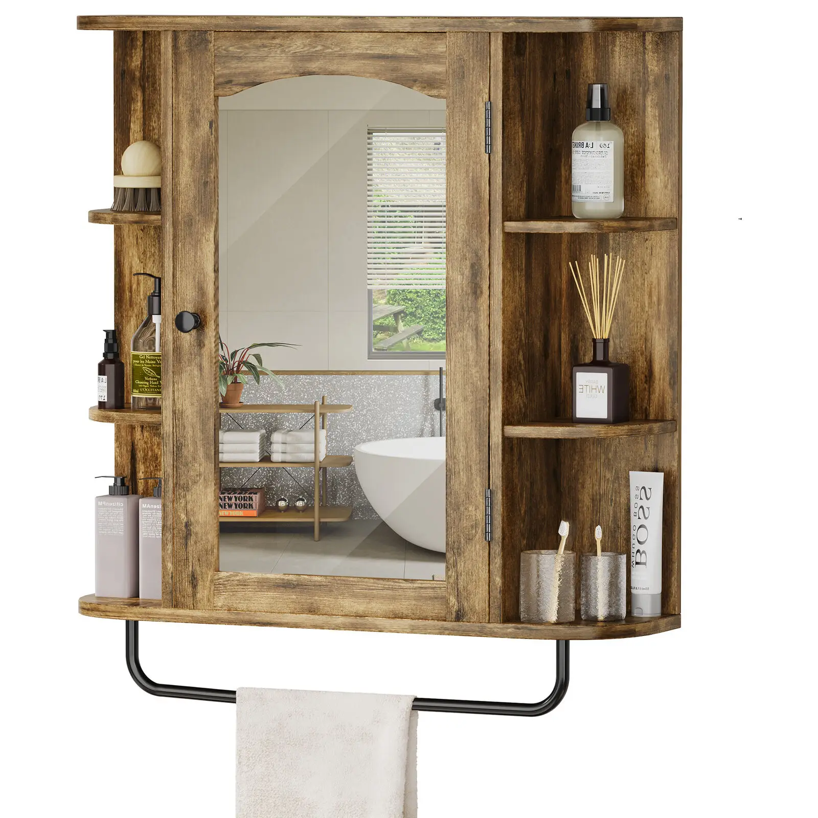 

Medicine Cabinet w/ Mirror Door Storage Shelf Wall Mount Bathroom Cabinet Modern Style Brown