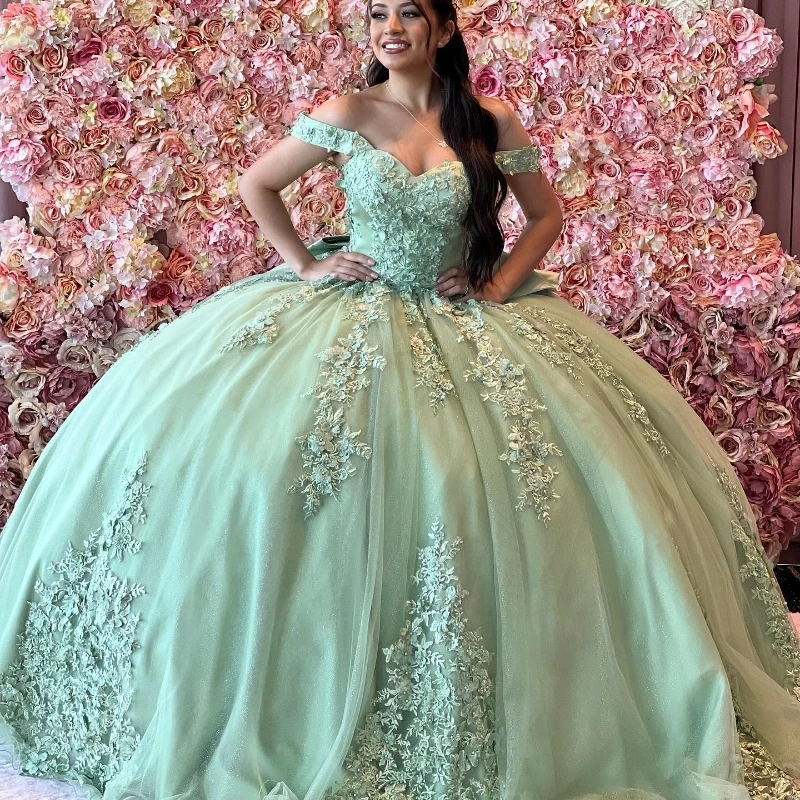 

Mint Green Sweetheart Beading Tassel Quinceanera Dress Ball Gown Off The Shoulder Appliques Lace Corset Sweet 15 Vestidos De XV