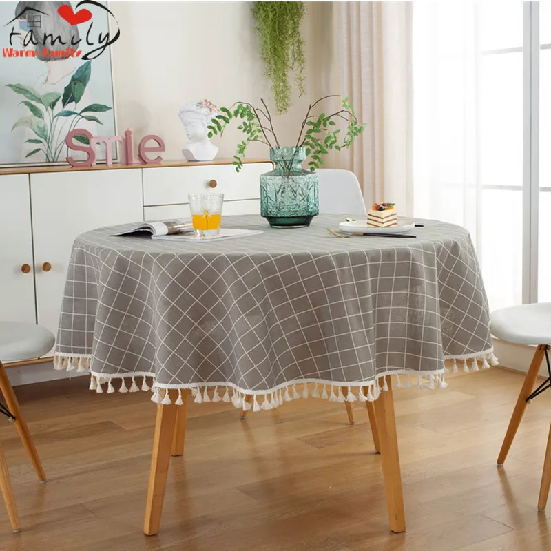 

Around Tablecloth Washable Cotton Linen Fabric Tassel Table Cloth Dust-Proof Table Cover for Wedding Party Kitchen Dinning Room