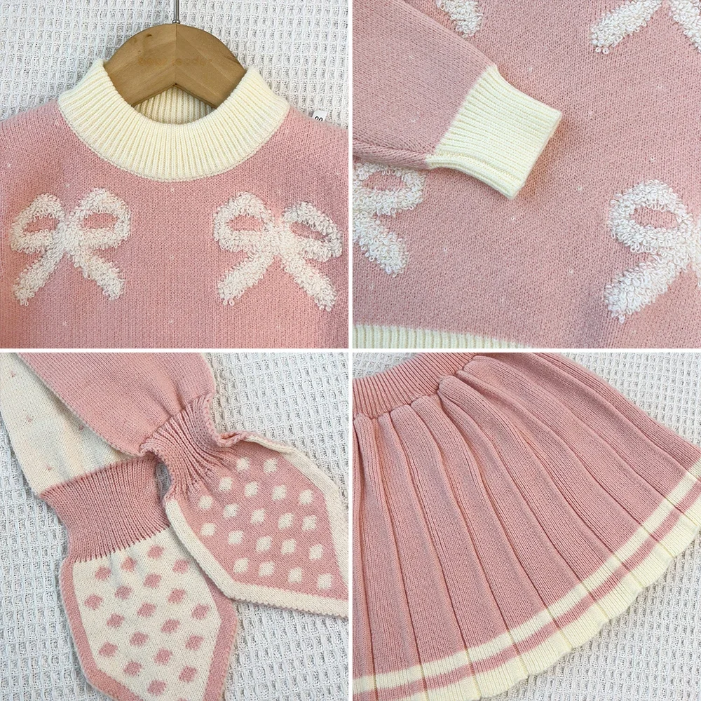 Langärmeliger Pullover für Mädchen, Herbst- und Winterkleidung, Schmetterlingsdruck, Strickoberteil mit Kragen + kurzer Rock, modisches, süßes Kinderset – Detail 9