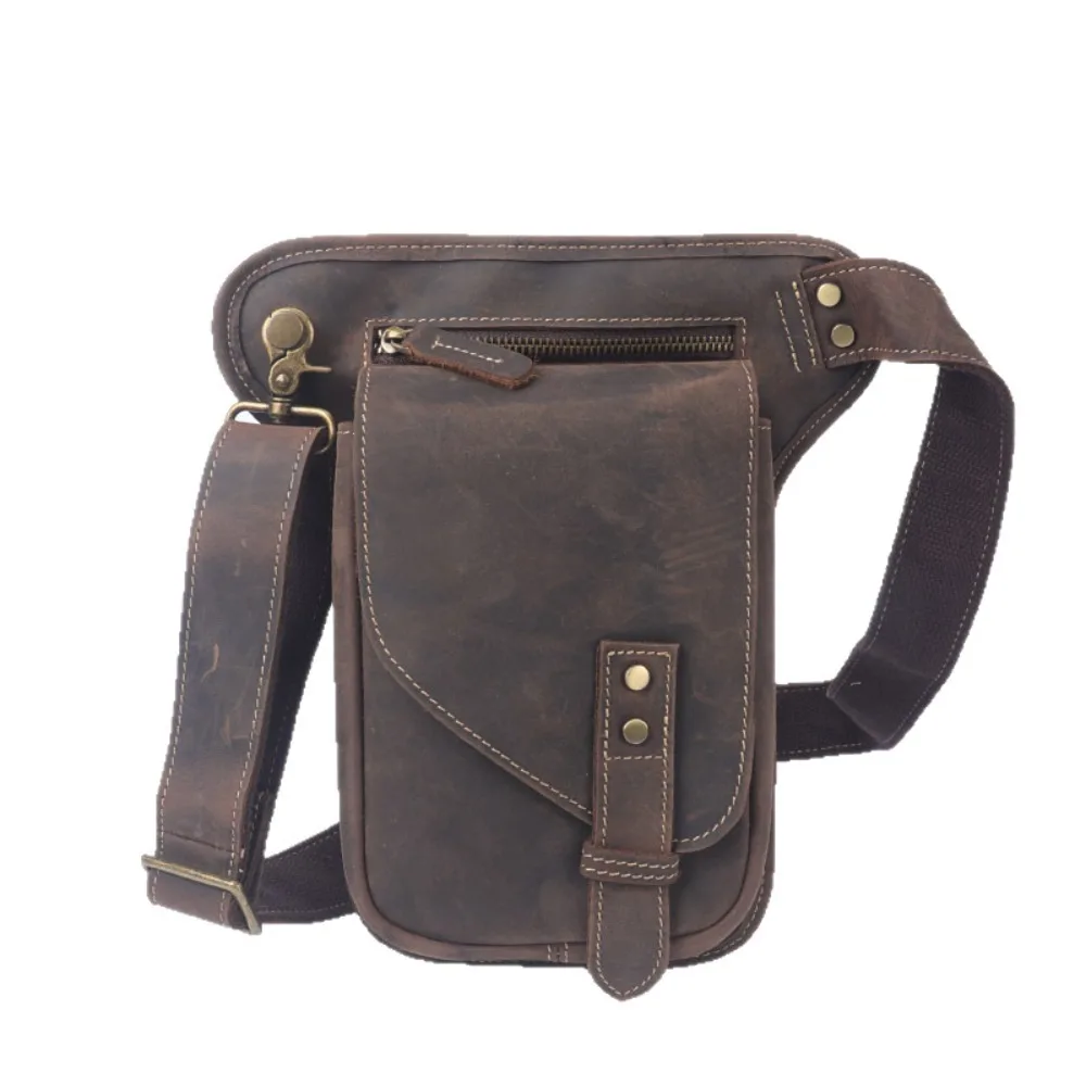 Genuine leather retro waist bag, men's mobile phone storage crossbody bag, travel single-shoulder bag