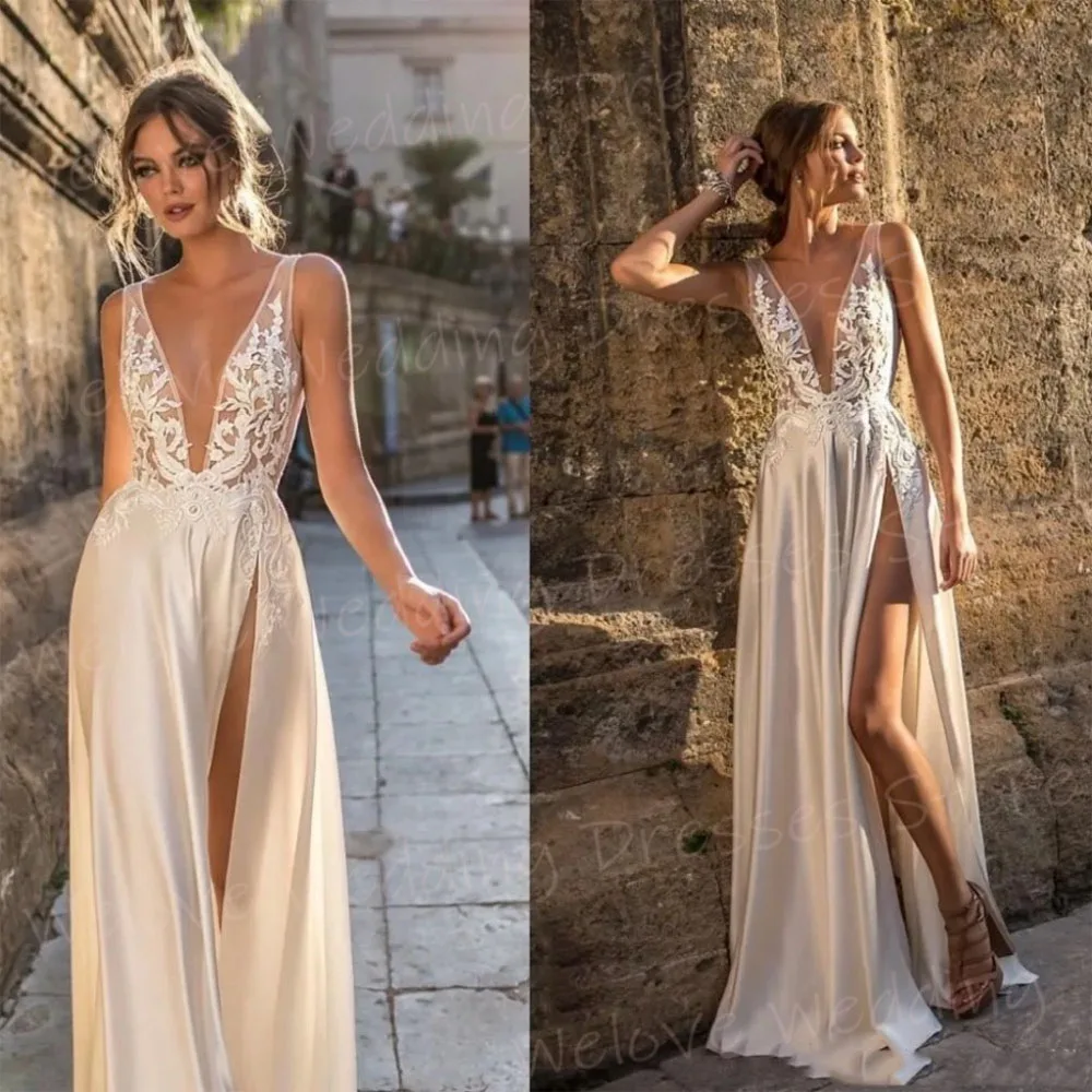 Elegante cetim uma linha vestidos de casamento para as mulheres rendas apliques vestidos de noiva com decote em v lado split sem mangas vestidos de novia boda