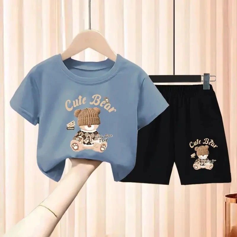 Baby Girl Summer Short Sleeve Clothes Set Children Boy Cartoon Bear Printed T-shirts and Shorts 2pcs Suit Kid Top Bottom Outfits