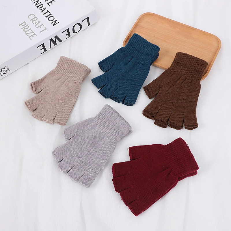 1 Pair Colorful Knitted Short Half Finger Gloves Autumn Winter Knitted Elastic Warm Wrist Glove Solid Color Cycling Accessories