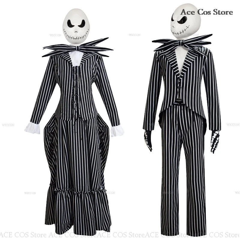 Halloween Nightmare Women Cosplay Costume Mask Dress Men Couple Christmas Jack Striped Suit Pants Skirt Skull  Party Scary Movie