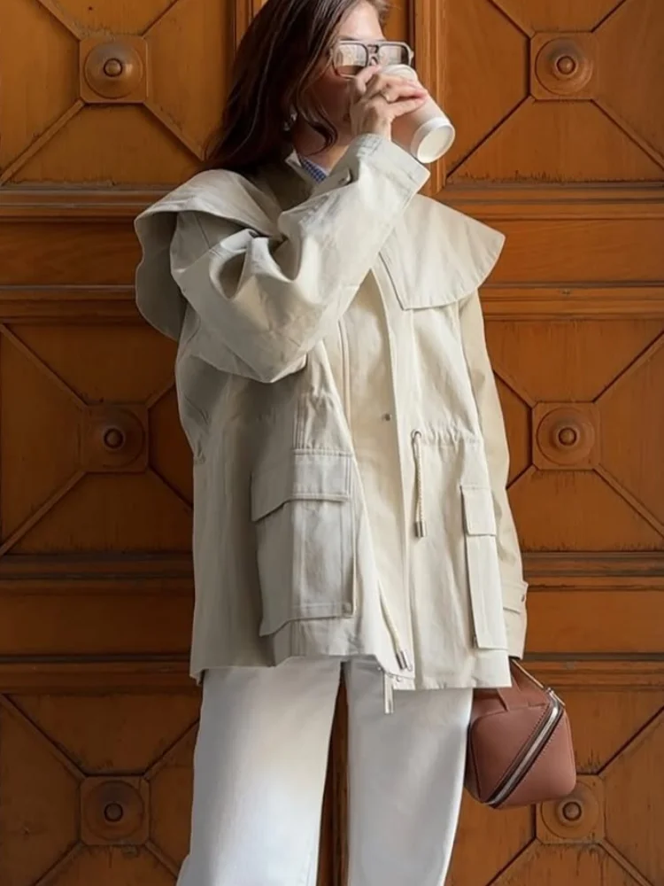 

Doll Collar Lace Up Short Trench Coat Women Chic Full Sleeve Zipper Pocket Windbreaker Jacket Lady Autumn Daily Commute Outwear