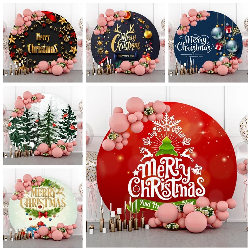 Christmas Round Backdrop Cover Red Bell Glitter Spot Snowflake Xmas Tree Kids Family Party Christmas Background for Photography