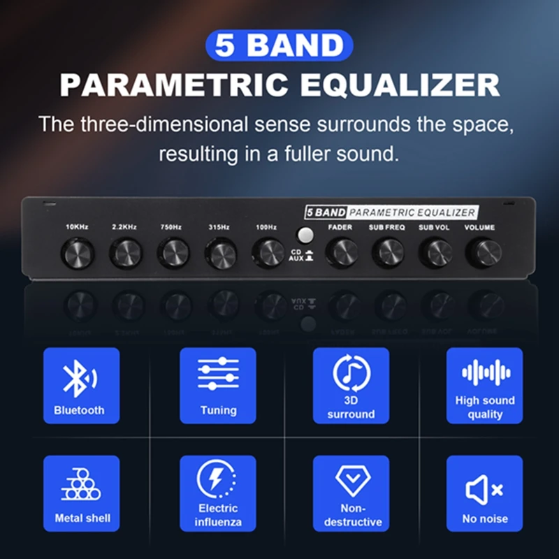 Equalizer Audio mobil, EQ dapat diatur, Amplifier grafis Equalizer dengan Input CD/AUX saklar pilihan, HITAM