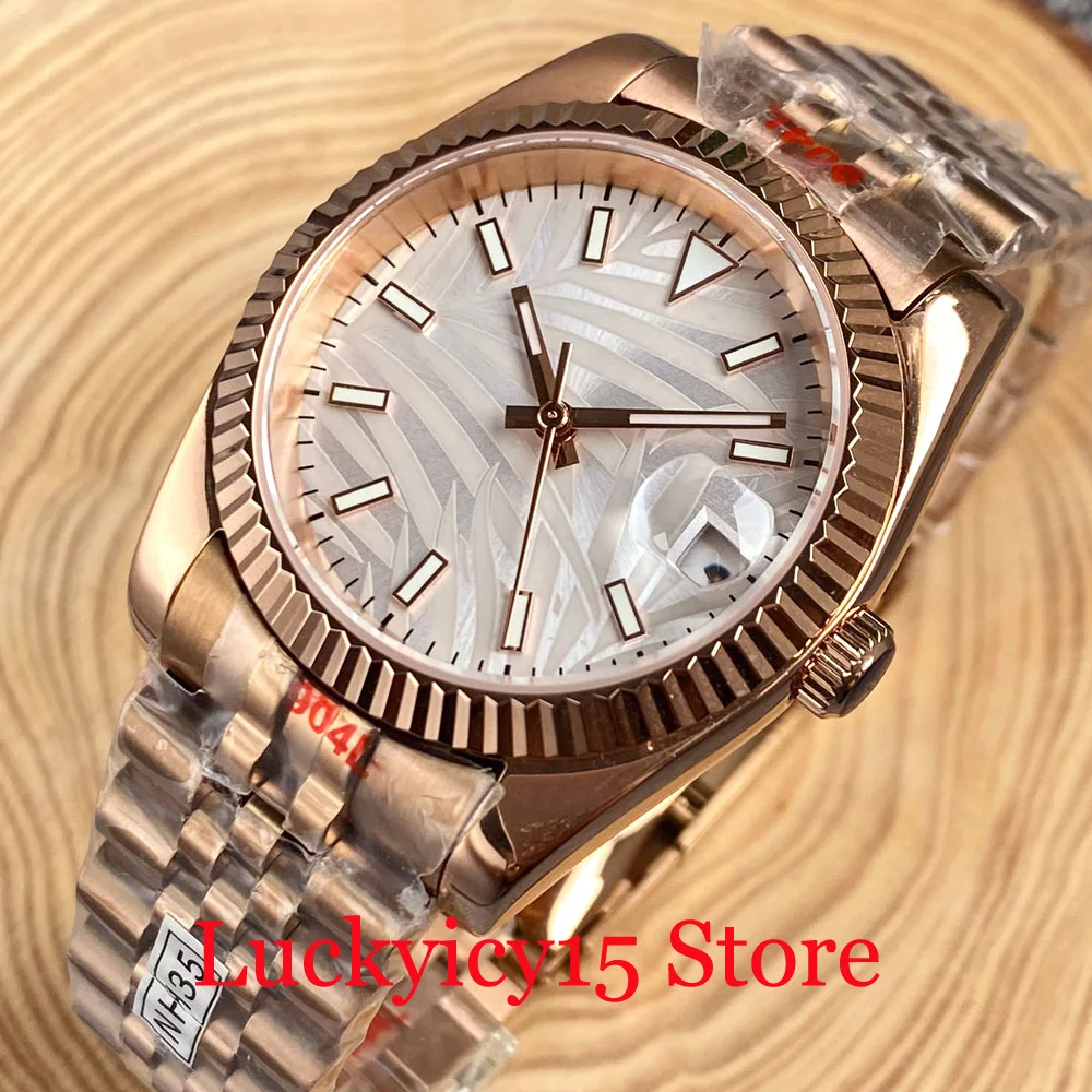 

Fluted Bezel BLIGER 36MM/39MM White/Gold Dial Rose Gold Case Automatic NH35A Movement Men's Watch SS Bracelet Sapphire Crystal