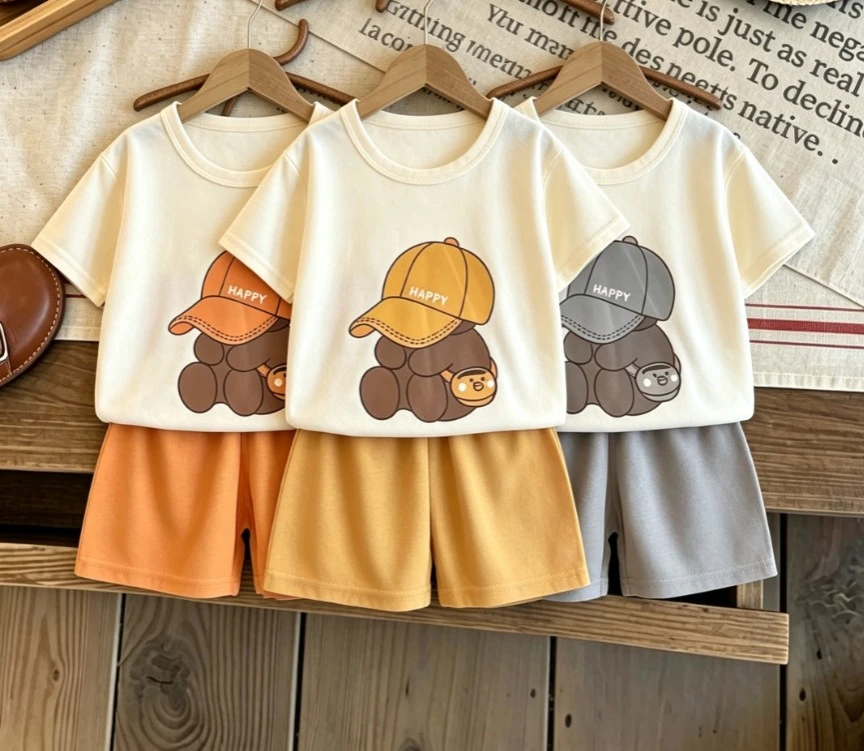 Little Kids Summer Casual Clothes Set Adorable Cartoon Bear With Cap Graphic Print Short Sleeve Top Baby Kid Tees Sets Baby Wear